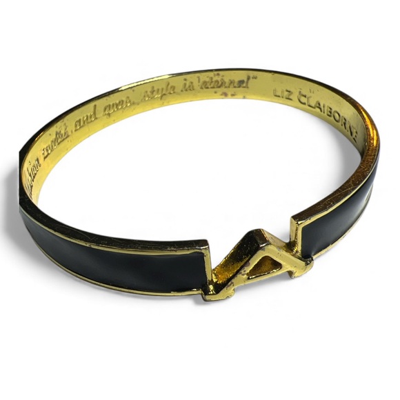 Liz Claiborne Black Enamel Gold Tone Cut-Out "A”Initial Bangle Bracelet Fits 8" - Picture 5 of 5
